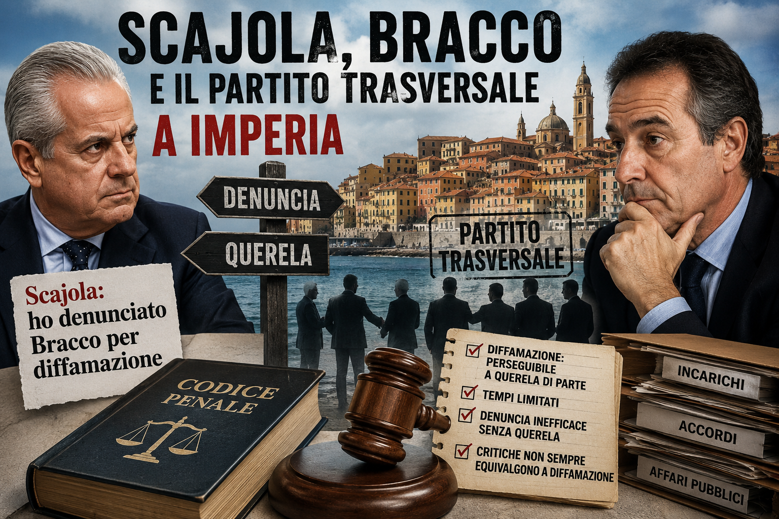 Immagine editoriale sullo scontro politico tra Scajola e Bracco a Imperia, con riferimenti a denuncia, querela, diffamazione e Partito trasversale.