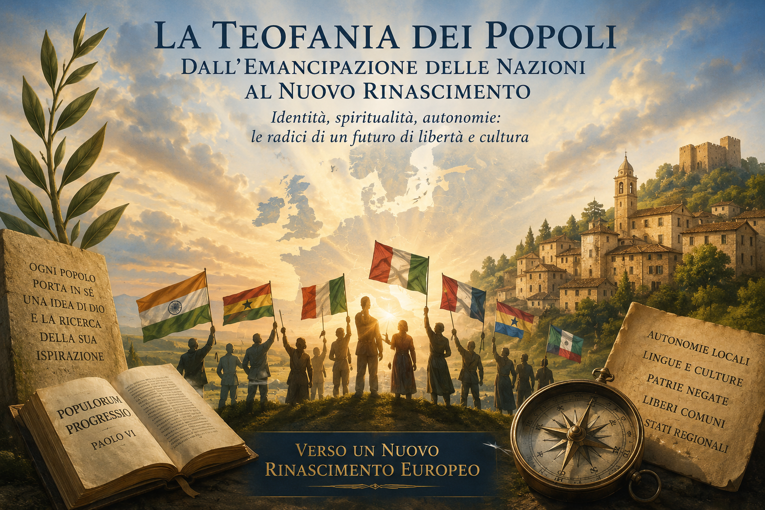Illustrazione simbolica dell’Europa al tramonto, con popoli e bandiere, un borgo storico, la Populorum Progressio, una bussola e richiami ad autonomia, identità e nuovo Rinascimento europeo.
